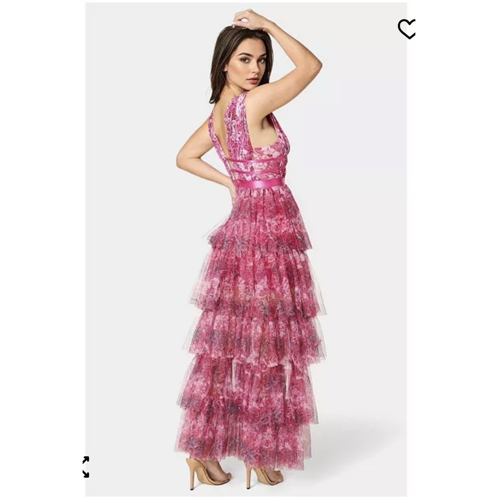 NWT Bebe Tiered High Low Mesh Maxi Dress Pink Floral Paisley Gown Size Small - Picture 9 of 10